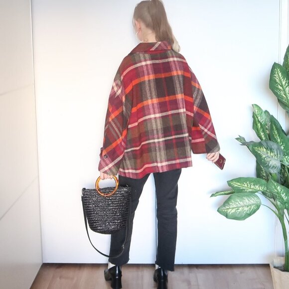 Talbots Multicolor Orange, Burgundy & Brown Wool Plaid Coat Size 16w - Picture 7 of 16